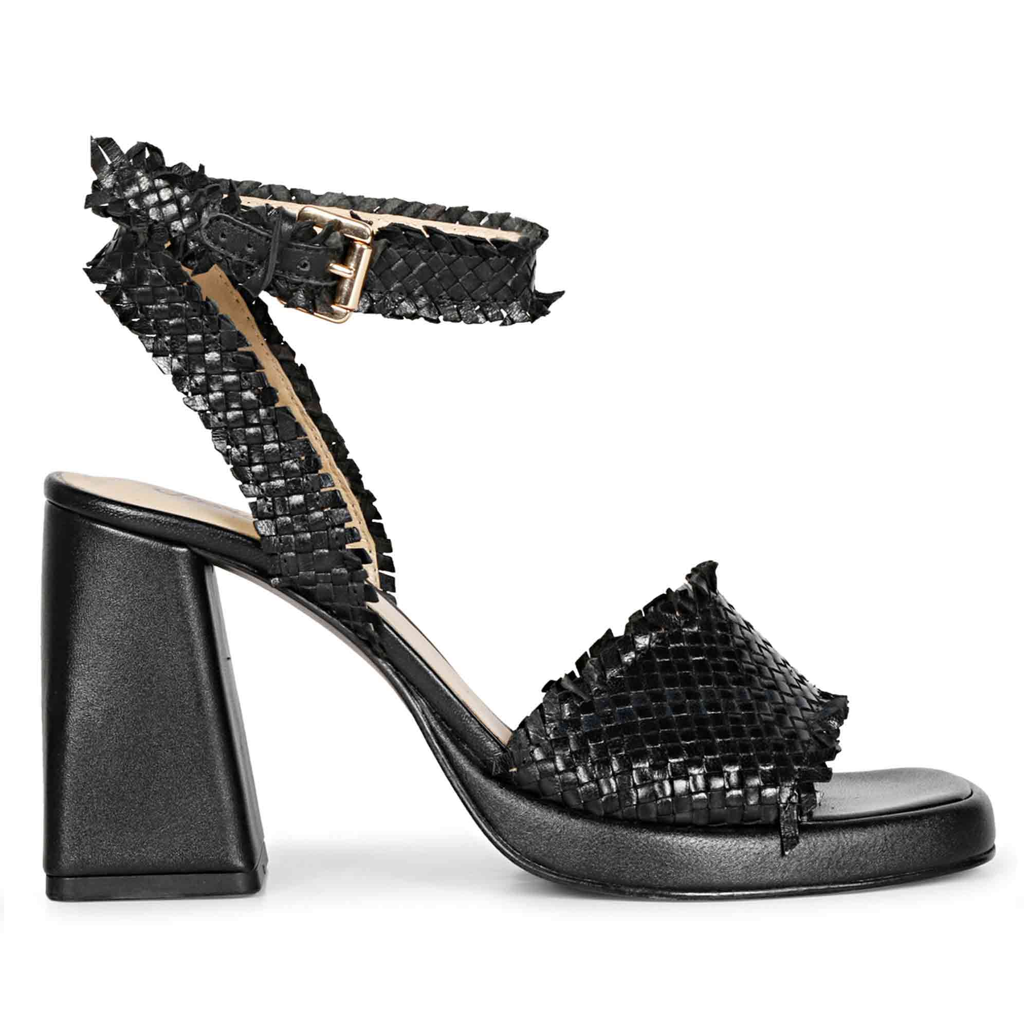 Buy Hannah Black Woven Leather Block Heels For Women's Online
