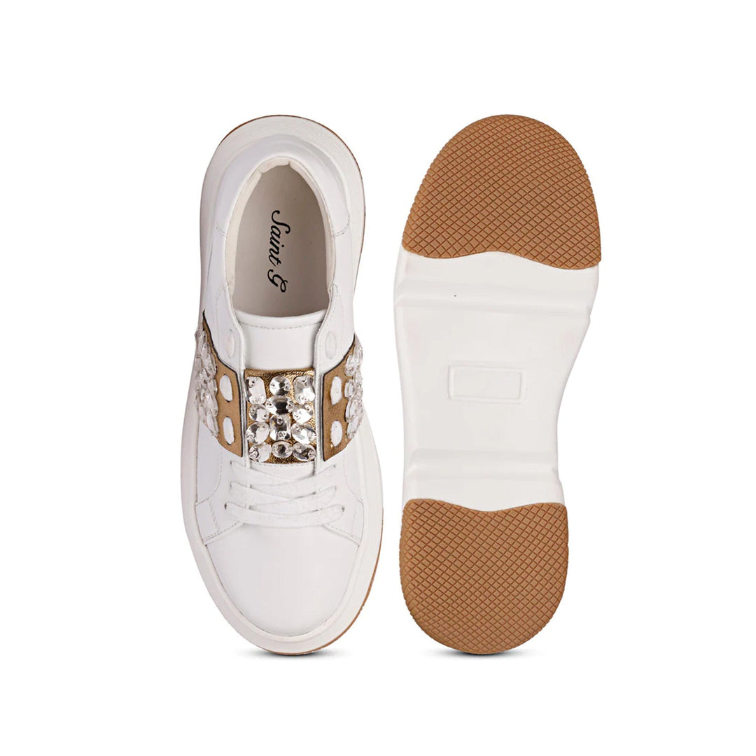 Saint Joanna Crystal Off White Leather Sneakers - Elegant off-white sneakers with crystal embellishments for a touch of glamour and timeless style.