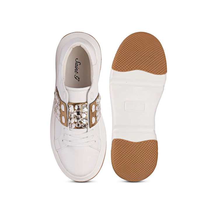 Saint Joanna Crystal Off White Leather Sneakers - Elegant off-white sneakers with crystal embellishments for a touch of glamour and timeless style.