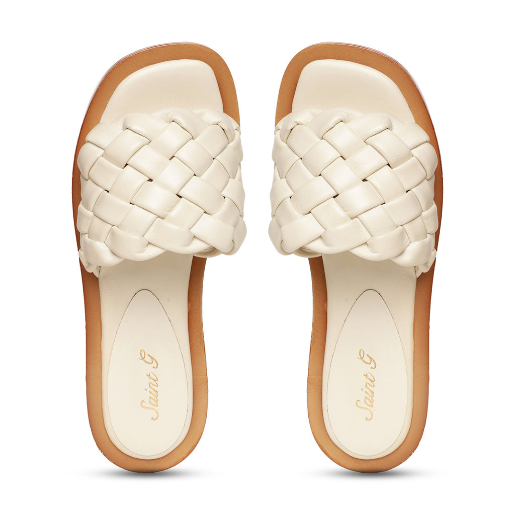 Saint Edetta White Woven Leather Sliders