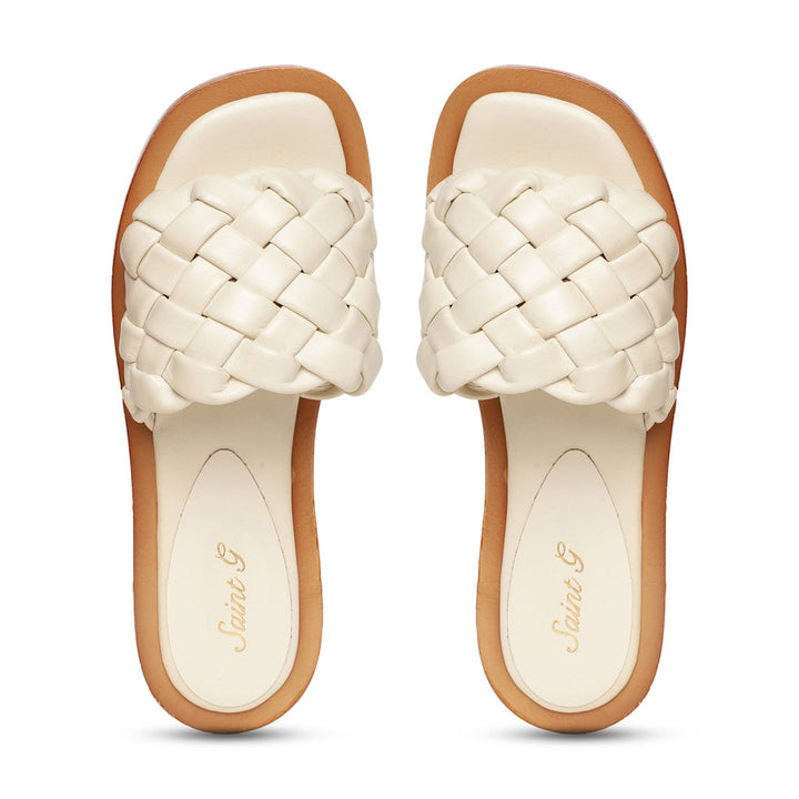 Saint Edetta White Woven Leather Sliders