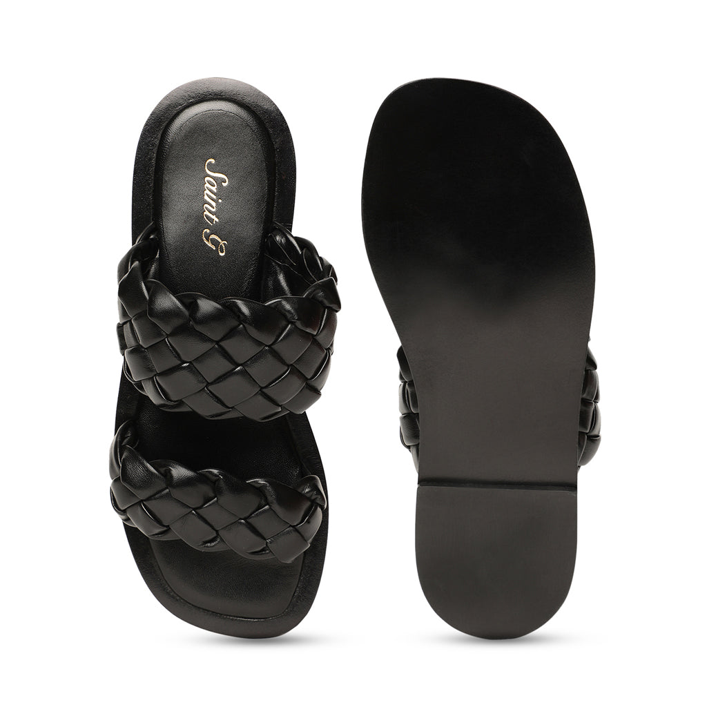 Saint Bruna Black Woven Leather Sliders