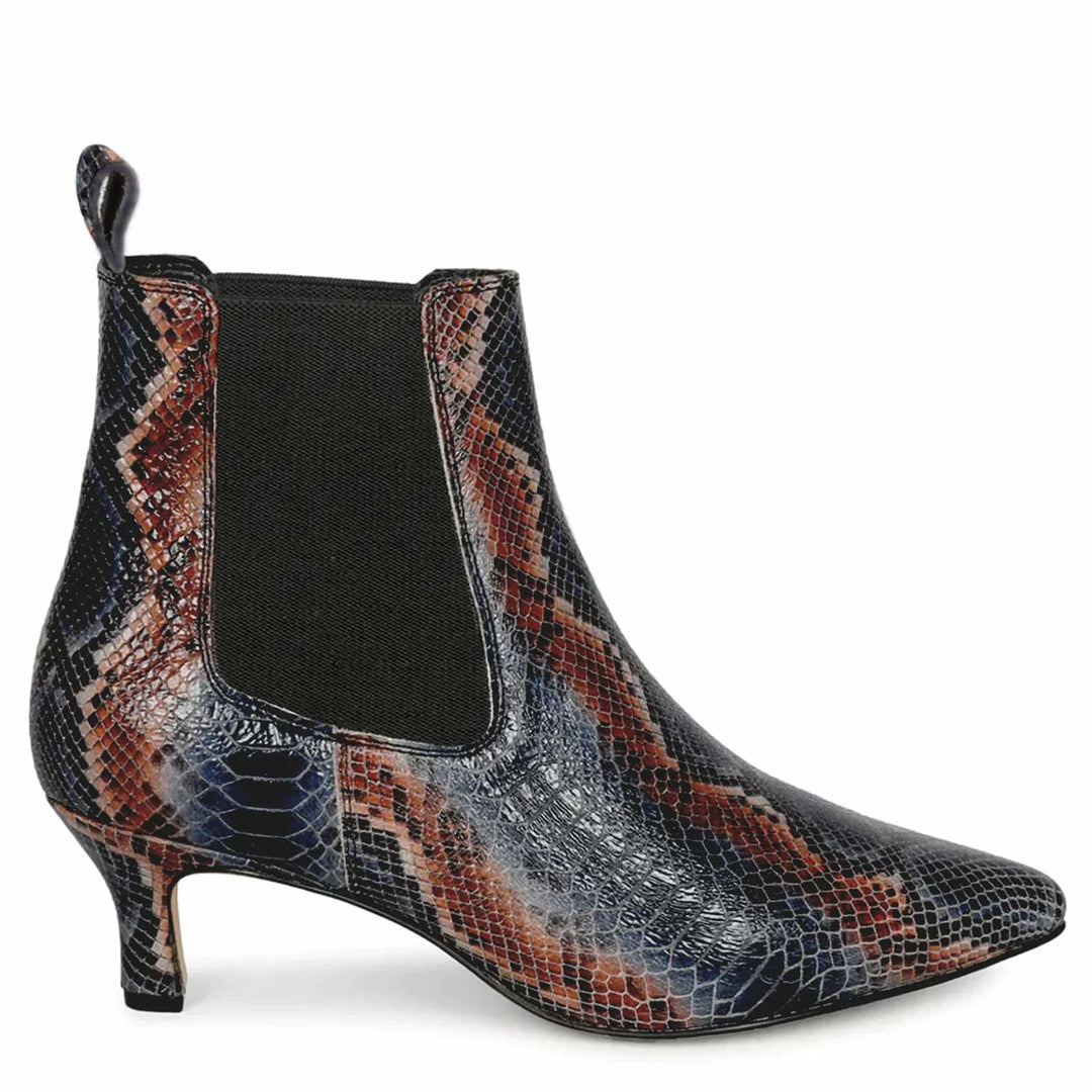 Chic snake print leather kitten heel boots for a stylish look. Perfect for any occasion. Elevate your style with these trendy boots