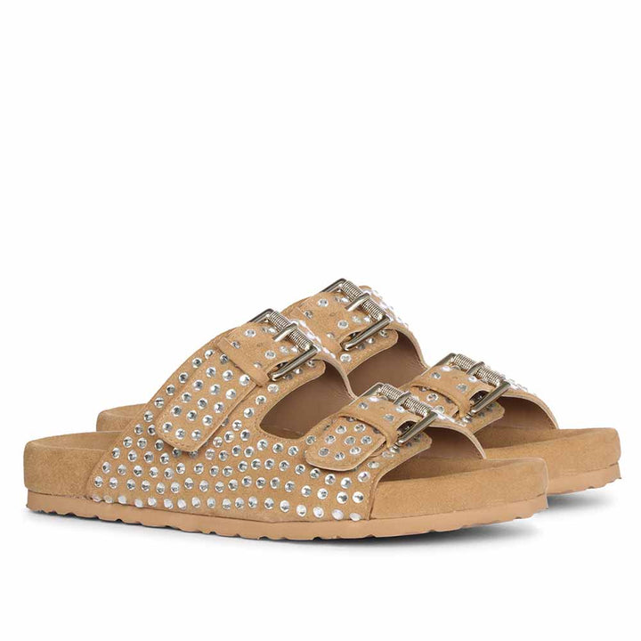 Riena Studded Double Buckle Beige Suede Leather Sandal