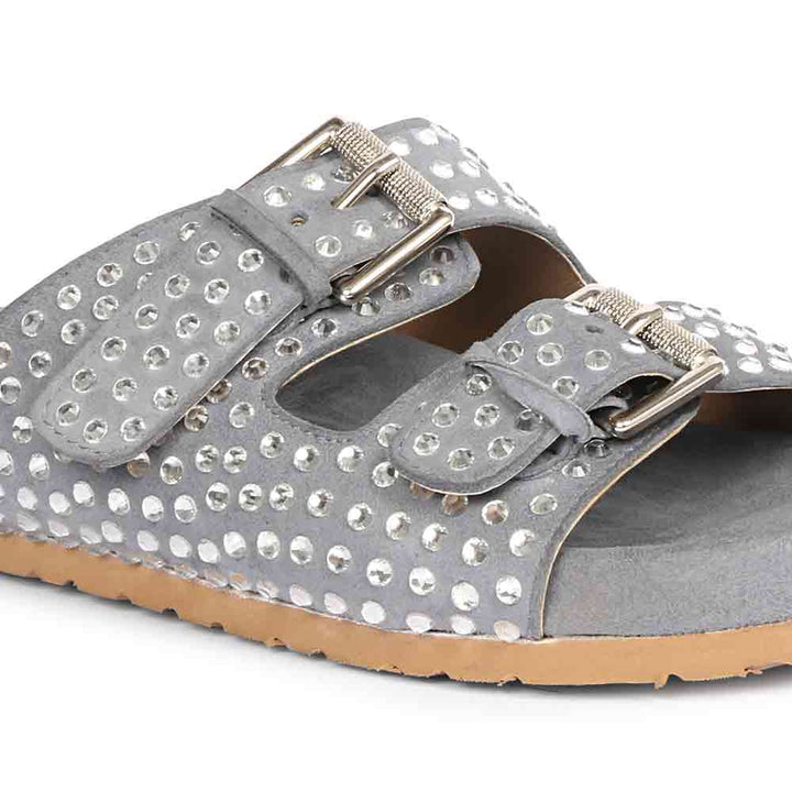 Riena Studded Double Buckle Blue Suede Leather Sandal