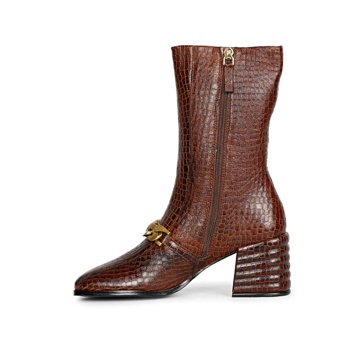 Ava Brown Snake Embossed Leather Calf Boots