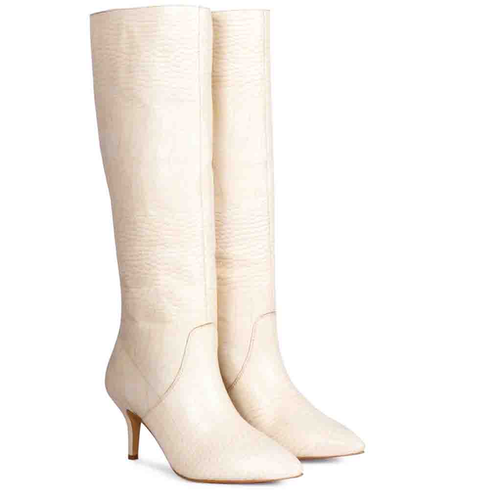 Saint Adella Croc Embossed Off White Leather Long Boots