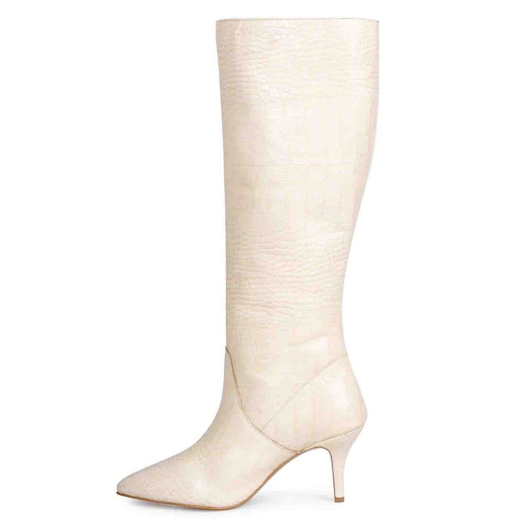 Saint Adella Croc Embossed Off White Leather Long Boots