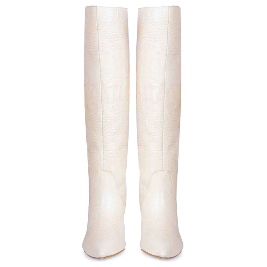 Saint Adella Croc Embossed Off White Leather Long Boots