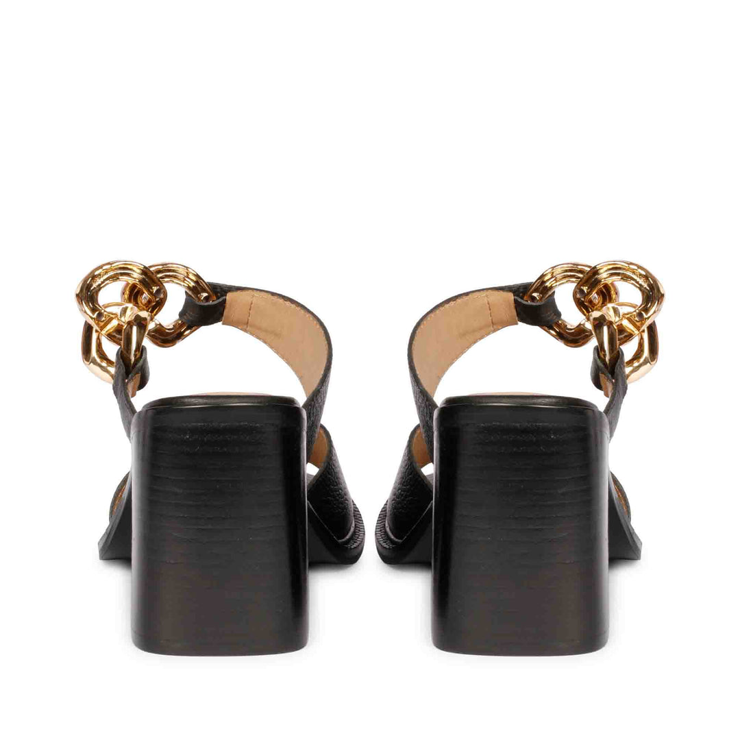 Saint Madrid Gold Chain Embellished Black Leather Block Heels