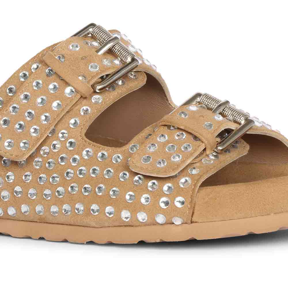 Riena Studded Double Buckle Beige Suede Leather Sandal