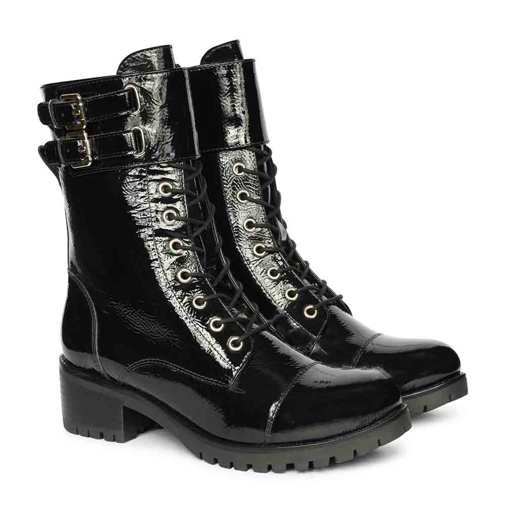 Saint Alba Black Crinkle Patent Leather Lace Up High Ankle Boots
