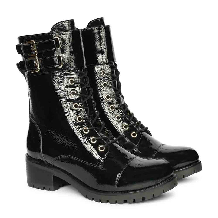 Saint Alba Black Crinkle Patent Leather Lace Up High Ankle Boots