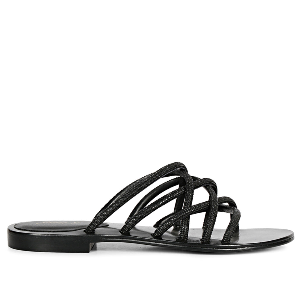 Saint Lorena Black Rhinestone Embellished Cross Strap Sandals