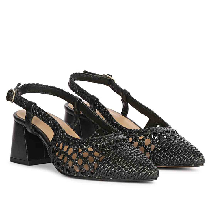 Saint Elowen Black Hand Woven Leather Low Block Heels