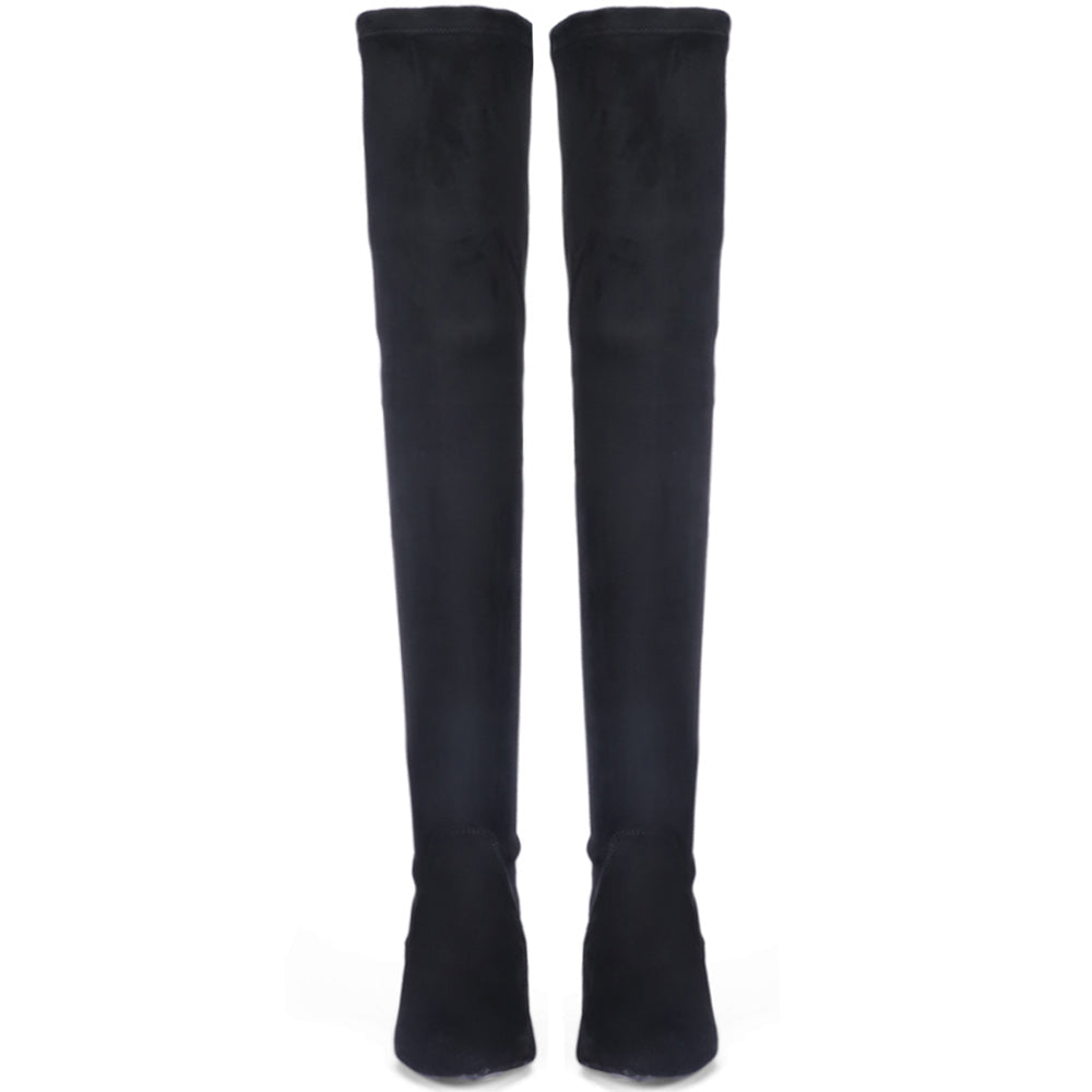 Black Stretch Suede Thigh High Boots