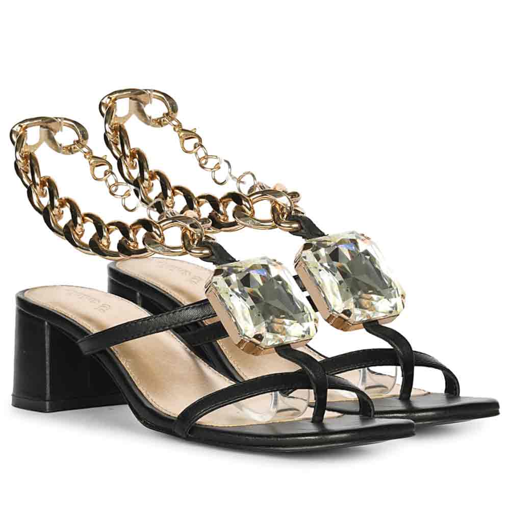Saint Gaelle Black Leather Crystal Chain Block Heels