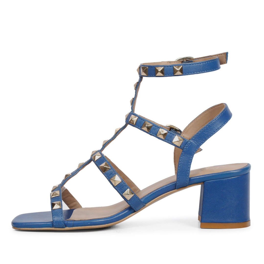 Saint Angela Blue Leather Metal Studded Block Heels.