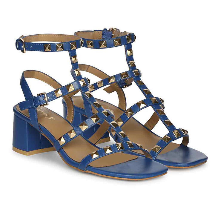 Saint Angela Cobalt Leather Metal Studded Block Heels