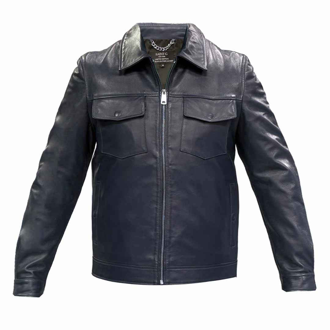 Saint Simon Blue Leather Men's Jacket With Collars