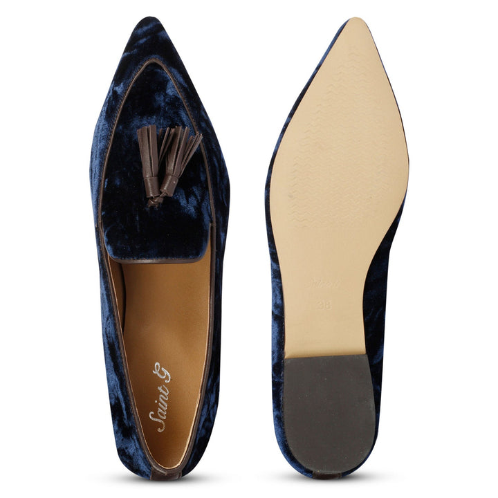 Saint Simona Blue Velvet Tassel Moccasins