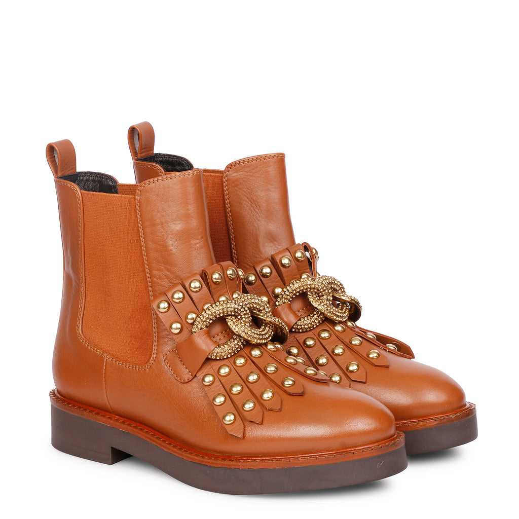 Saint Maeve Cuoio Leather Décor Chain Link Studded Boots