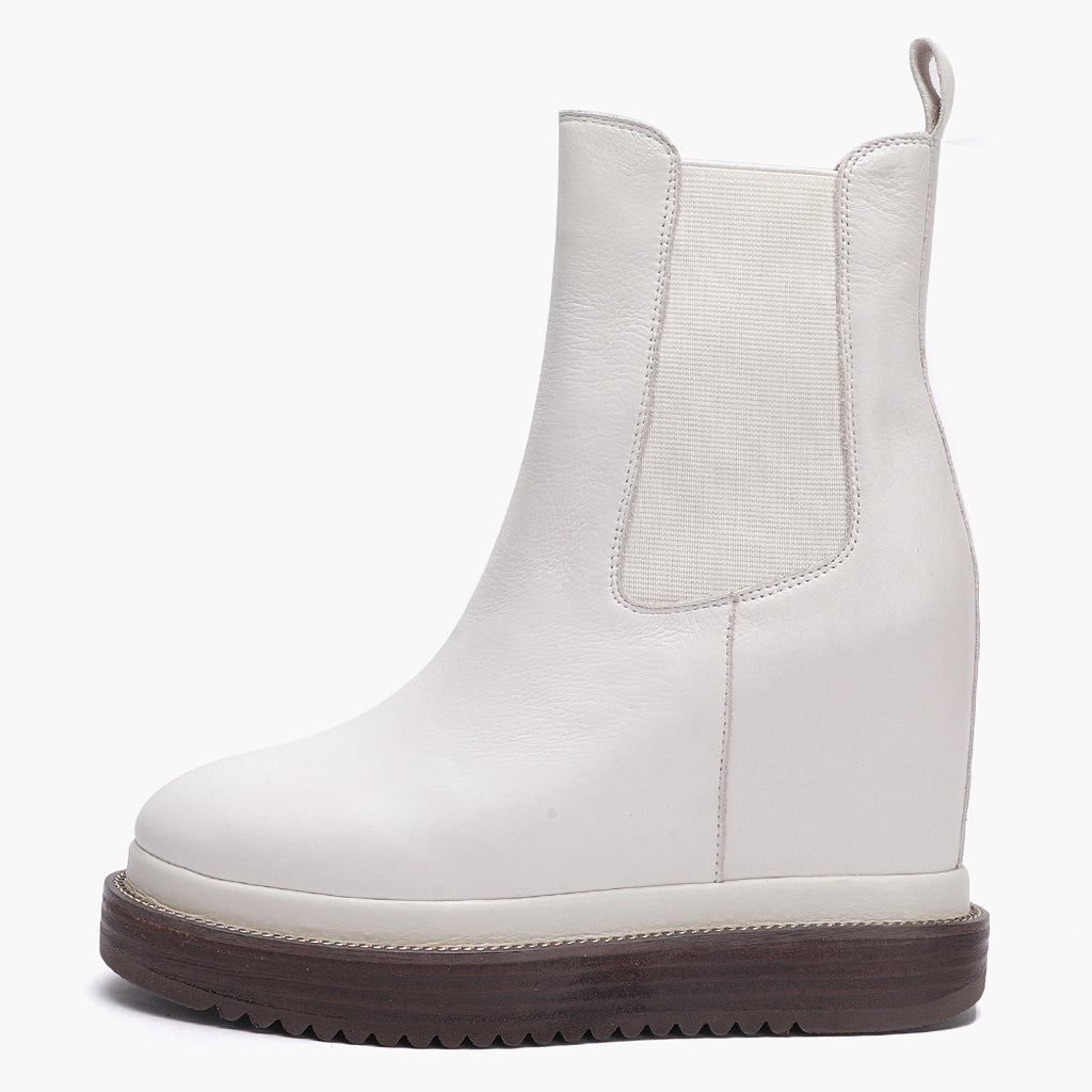 Leather Inner Wedge Heel Ankle Boots - Trendy Off-White Footwear