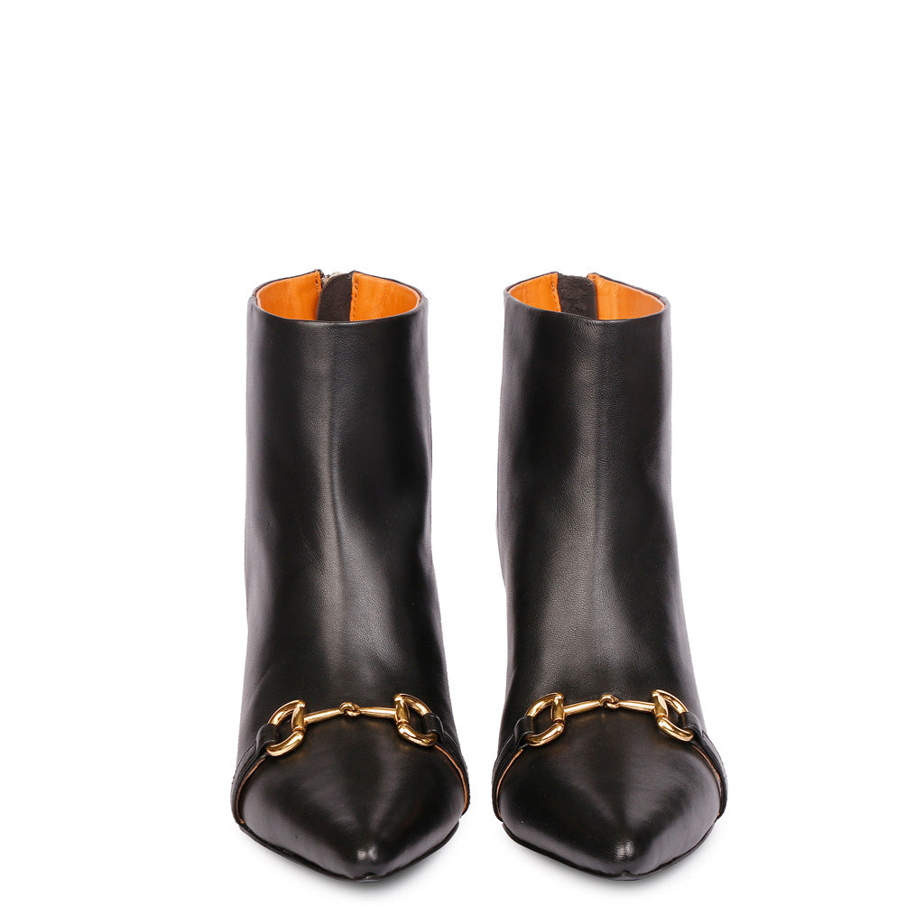 Saint Ashley Black Leather Gold Horsebit Décor Back Zip Boots