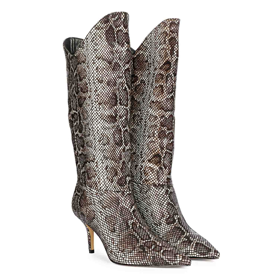 Make a bold fashion statement with Saint Rocio's snake print brown leather calf boots.