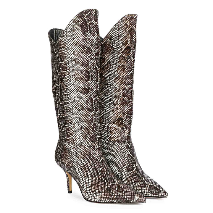 Make a bold fashion statement with Saint Rocio's snake print brown leather calf boots.