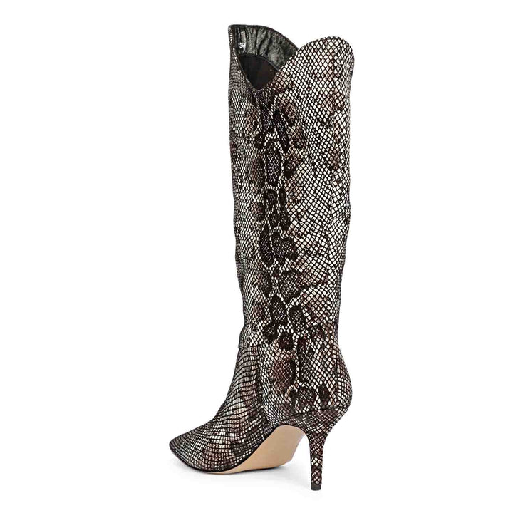 Make a bold fashion statement with Saint Rocio's snake print brown leather calf boots.