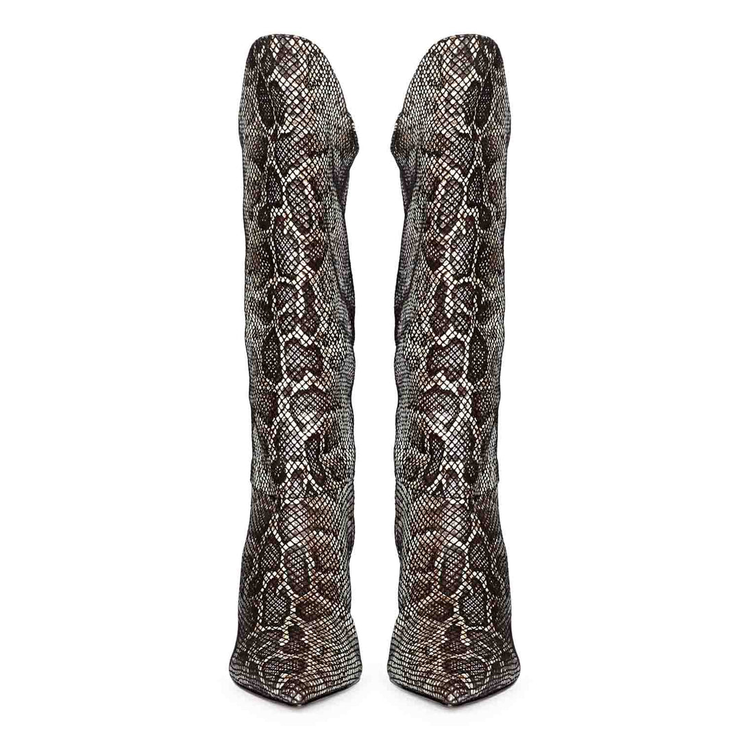 Make a bold fashion statement with Saint Rocio's snake print brown leather calf boots.