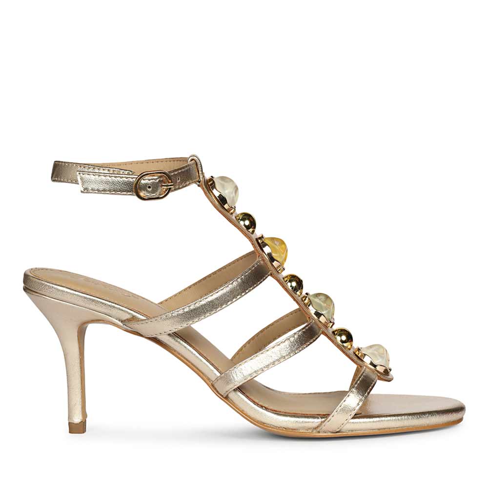 Saint Xiomara Gold Metallic Gem T-Strap Stiletto Heels