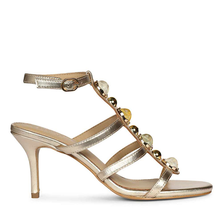 Saint Xiomara Gold Metallic Gem T-Strap Stiletto Heels