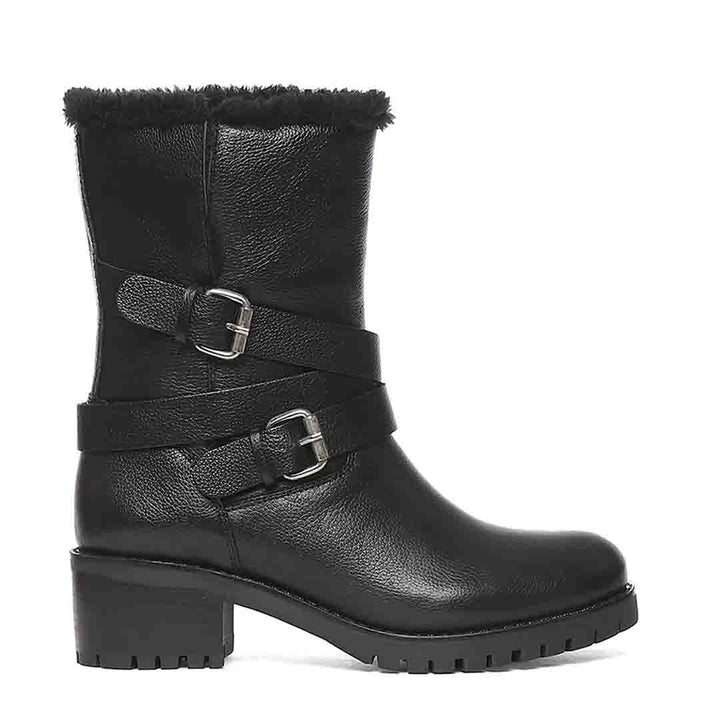 Saint Theresa High Ankle Black Leather Boots with Decorative Buckle – Stylish and chic footwear for a bold and confident look