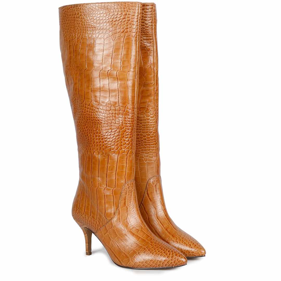 Saint Adella Croco Embossed Cuoio Leather Long Boots