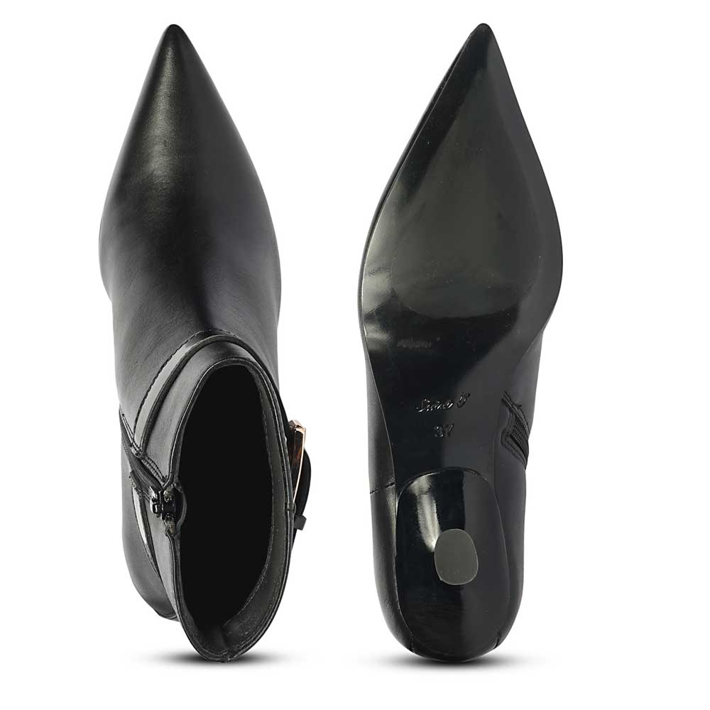Saint Alondra Buckle Decor Black Leather Kitten Heel Boots