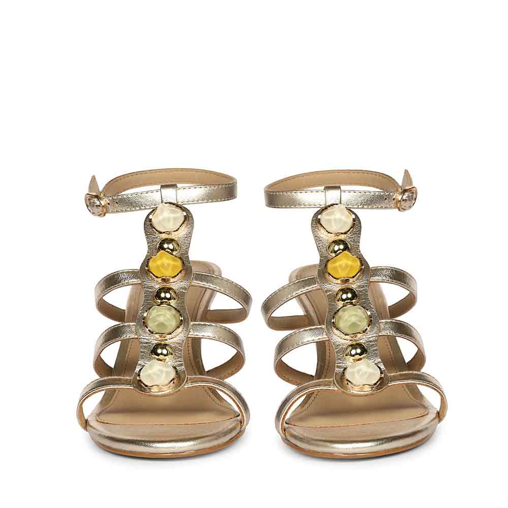 Saint Xiomara Gold Metallic Gem T-Strap Stiletto Heels