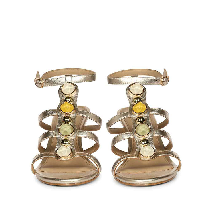 Saint Xiomara Gold Metallic Gem T-Strap Stiletto Heels