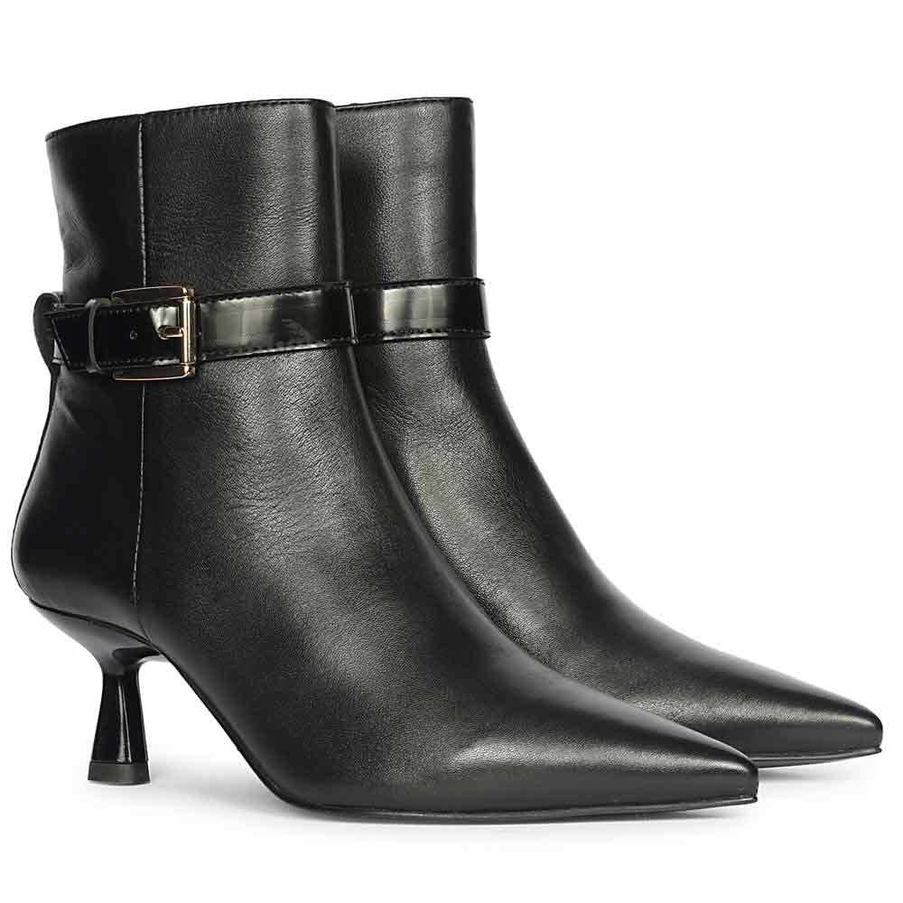 black leather dress boots kitten heel Saint Alondra Buckle Decor Black Leather Kitten Heel Boots