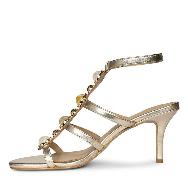 Saint Xiomara Gold Metallic Gem T-Strap Stiletto Heels