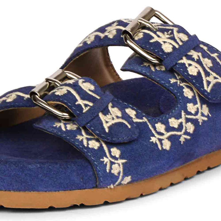 Angela Double Buckle Denim Suede Leather Sandal