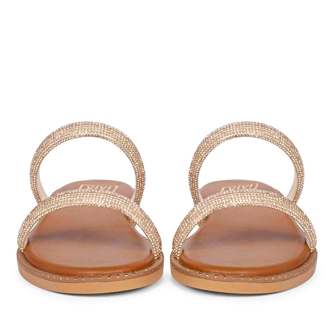 ViviBlu Zaeneb Champagne Leather Flat Sandals Embellished With Champange Straps