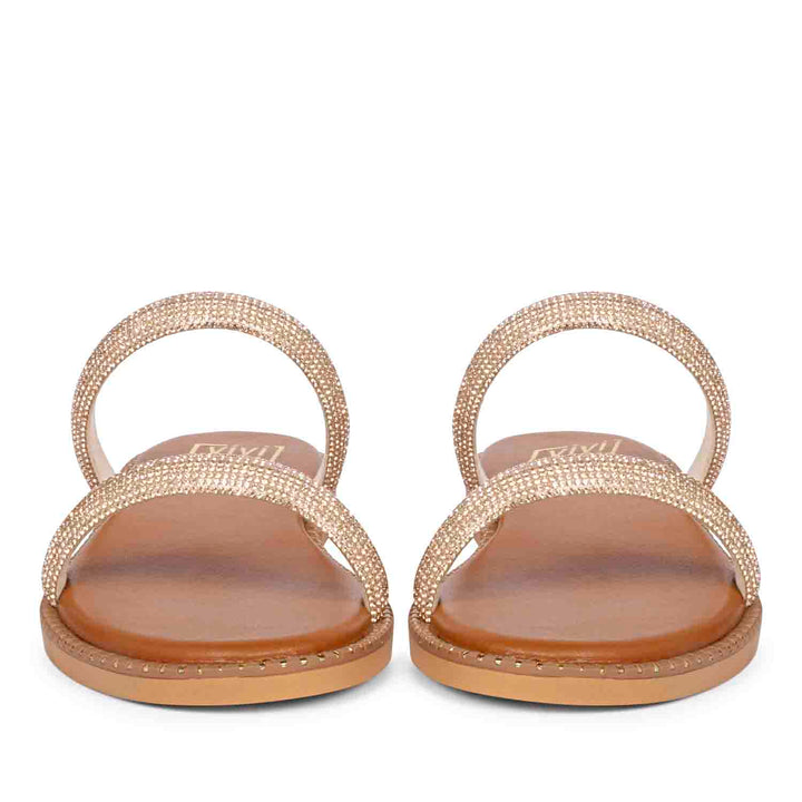 ViviBlu Zaeneb Champagne Leather Flat Sandals Embellished With Champange Straps