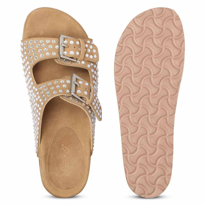 Riena Studded Double Buckle Beige Suede Leather Sandal