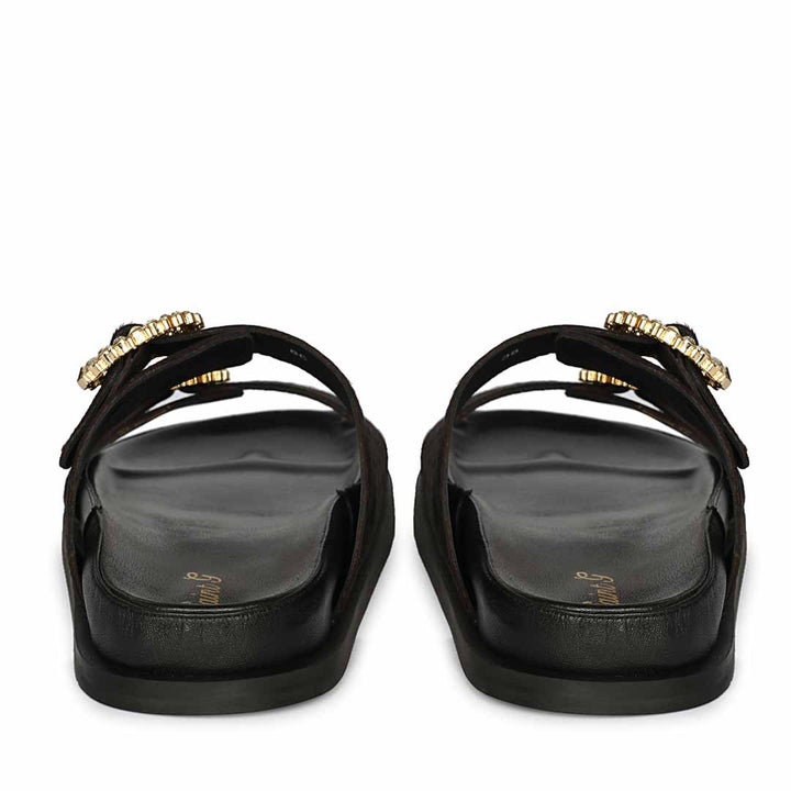 Saint Marta Jewel Pin Buckle Black Hair On Leather Sandals