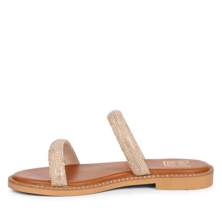 ViviBlu Zaeneb Champagne Leather Flat Sandals Embellished With Champange Straps