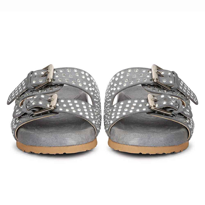 Riena Studded Double Buckle Blue Suede Leather Sandal