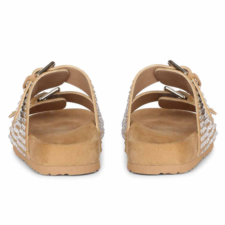 Riena Studded Double Buckle Beige Suede Leather Sandal