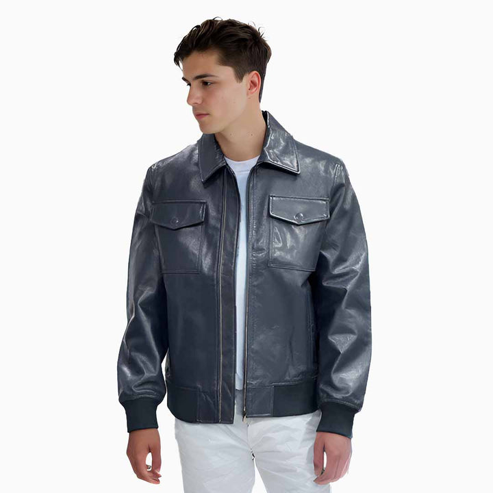 Saint Simon Blue Leather Men's Jacket With Collars